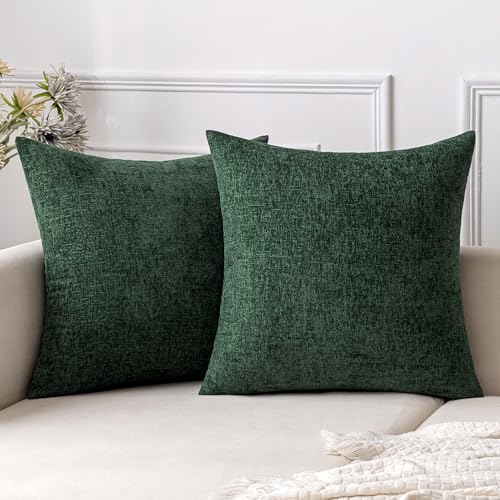 EMEMA Christmas Pillow Case 20x20 Pack of 2 Chenille Throw Pillow Covers Decorative Couch Pillow Covers Farmhouse Solid Dyed Pillowcases for Sofa Green(Only Covers)