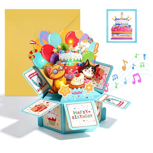 Tarjeta de Cumpleaños 3D Pop Up con Música y Luces   Linda Tarjeta de Gato con Vela LED para Soplar   Incluye Sobre y Etiqueta de Nota   Regalo para Mujeres, Niños, Niñas, Niños y Amigos