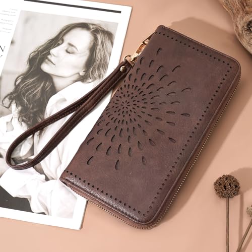 Image of APHISON Wallet Women Large Capacity Clutch Purse For Ladies Card Holder RFID Wristlet Phone Zipper Coin Travel Pocket, 01-coffee, 8.2 inch x 4.33 inch x 1 inch
