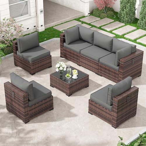 Amopatio7-Piece All-Weather Outdoor Patio Furniture Set - Modern Rattan Sectional Sofa & Patio Couch with Tempered Glass Coffee Table, Thickened Grey Cushions (Stylish Backyard Garden Lounge)