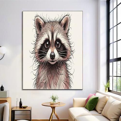 Cuadros En Lienzo De Pared, Moderna Póster De Dibujo Lineal De Un Mapache Dibujado A Mano, Lindo Animal Grande Arte Cuadros De Pared De Decoración Para Salón, Dormitorio, Sin Marco, Beige, 30X40Cm