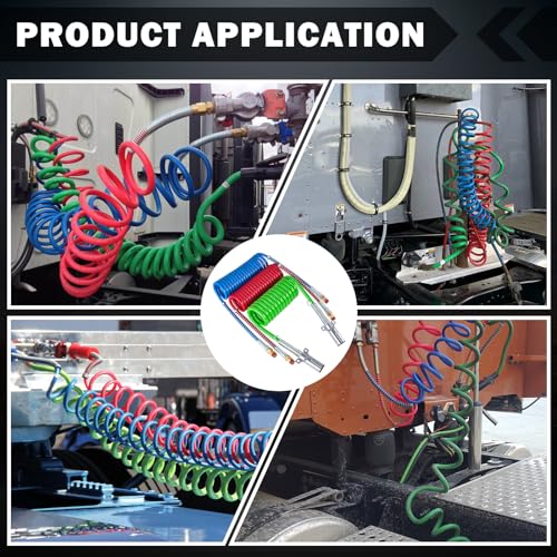 Image of CheeMuii 15 Ft Coiled Air Brake Hoses & ABS Electrical Power Wire Assembly Kit 3 in 1 Semi Truck Air Lines Kit Coiled 7 Way Trailer Cord and Air Brake Hoses for Semi Trucks Trailers Tractors