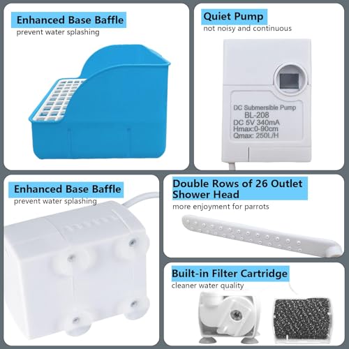 Image of kathson Automatic Parrot Bathtub with Pump, Large Bird Shower Fountain with USB Electric Water Cycle, Parakeet Bath Tub for Medium Birds, Cockatiel, Cockatoo, Lovebird, African Grey, Conure, Budgie