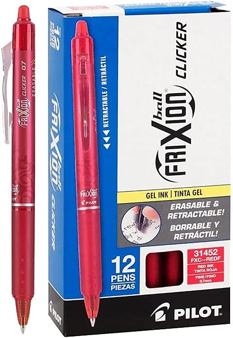 Pilot 31452 FriXion Clicker Erasable Gel Ink Retractable Pen Red Ink.7mm, Dozen