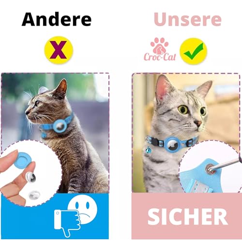 Croc-Cat® Katzenhalsband Kompatibel mit Apple AirTag, Anti-Erstickungs-Karabiner Mit Sicherheitsverschluss, Glocke & Leuchtstreifen, Halsband einzeln verkauft : GPS Air Tag Nicht enthalten