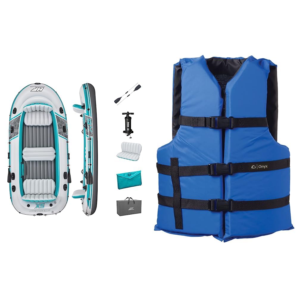 BestwayHydro-Force Adventure Elite X5 Inflatable 5 Person Water Raft Outdoor Floating Boat Set & Onyx General Purpose Boating Life Jacket Universal, Blue