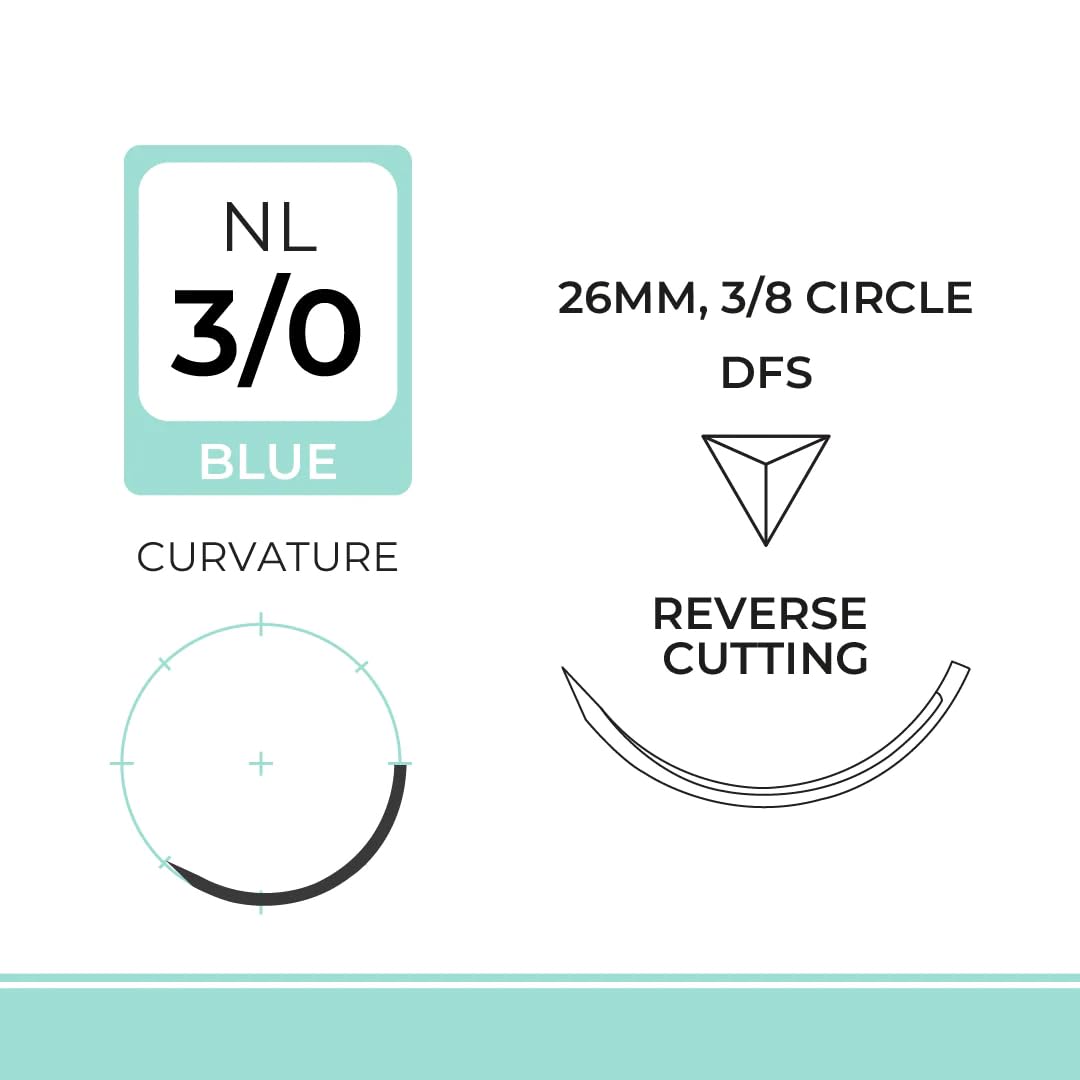DEMETECH DemeLON Non-Absorbable Nylon Monofilament Suture, DFS, 26mm, 3/8 Circle, Reverse Cutting Needle, USP Size 3-0, 30 inches, (75cm), Blue