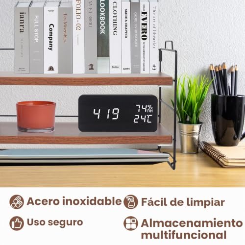 Miniatura 3 de Powerking Organizador De Escritorio, Marco De Metal Pintado Negro De 2 Niveles Y Estantes De Escritorio De Madera De Teca Oscura, Estantería Multiusos Para Mesa, Oficina Y Sala De Lectura