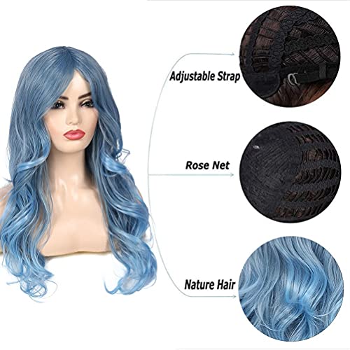 Beweig Blue Wig For Women Long Curly Wavy Pastel Blue Wig Side Part Synthetic Halloween Cosplay Wig With Wig Cap #TOP3