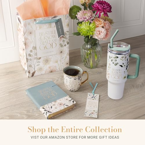 Image of Christian Art Gifts Extra Large Stainless Steel Double Wall Vacuum Insulated Travel Tumbler for Women: Be Still Inspirational Scripture, Lid, Reusable Straw, Wide Handle, White & Teal Floral, 40 oz.