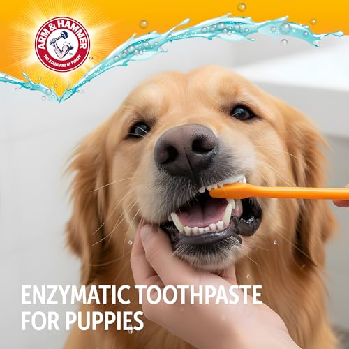Image of Arm & Hammer Complete Care Puppy Dental Kit, Enzymatic Toothpaste with Baking Soda and Calcium for Dogs, Peanut Butter Flavor, Toothbrush and Microfiber Brush Included, Fluoride-Free, 2.5 Oz