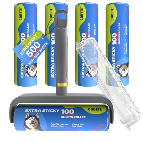 COBETE Large Surface Lint Rollers for Pet Hair Extra Sticky, 500 Sheets Mega Value Set, Dog and Cat...
