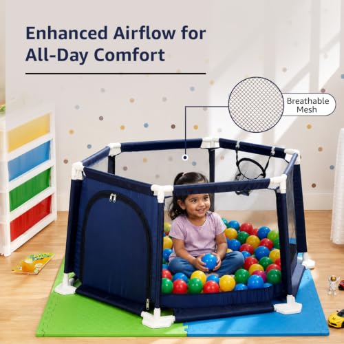 Image of Amazon Brand - Jam & Honey Kids Playpen for Babies & Toddlers | Foldable Baby Ball Pool with Zipper Door & Basketball Hoop | Sturdy Portable Play Area for Kids (Blue, Octagonal)