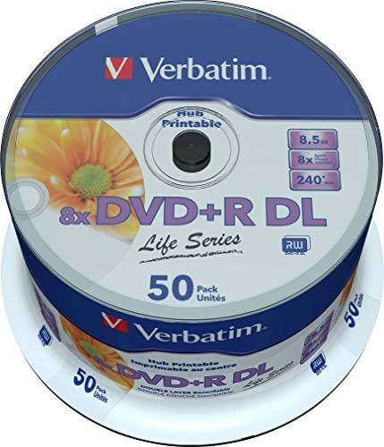 Verbatim Inkjet Hub Printable DVD+R DL Spindle, White, Pack of 50
