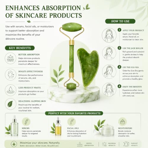 Image of ANTIL'S Jade Roller and Gua Sha Stone Set - Face Massage Roller for Skin Tightening, Puffiness Reduction & Wrinkle Care | Improves Elasticity | Beauty Tool for Women & Men