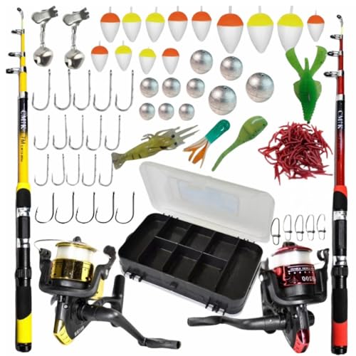 Kit de Pesca Completo, 2 Varas, 2 Molinetes com Linha, Estojo, Iscas Artificiais, Anzóis, Chumbadas e Boias