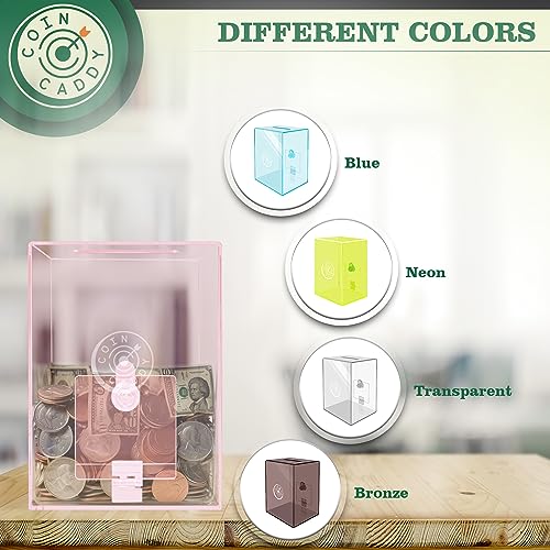 Coin Caddy Clear Piggy Bank for Adults Kids - Large & Sturdy Personal Money Jar for Cash Saving with Key - Acrylic Money Saving Box for Vacation, Wedding, Birthday Gifts & Fun, Pink Piggy Banks - Thumbnail 6