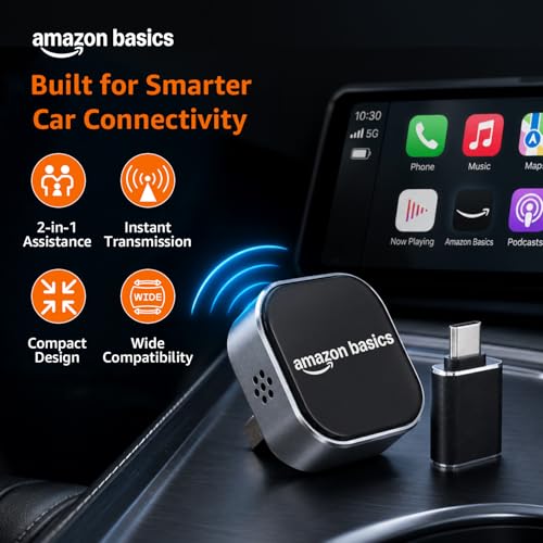 Image of Amazon Basics 2-in-1 Wireless CarPlay & Android Auto Adapter,Convert Wired to Wireless CarPlay Adapter,No Delay and Stable Control Mini Size, Bluetooth Connectivity