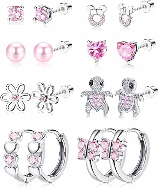 LOLIAS 8 Pares Pendientes Helicoidales Femeninas Anillo Hipoalergénicos Centro Bola CZ Mariposa Acero Inoxidable Conjunto Cartílago