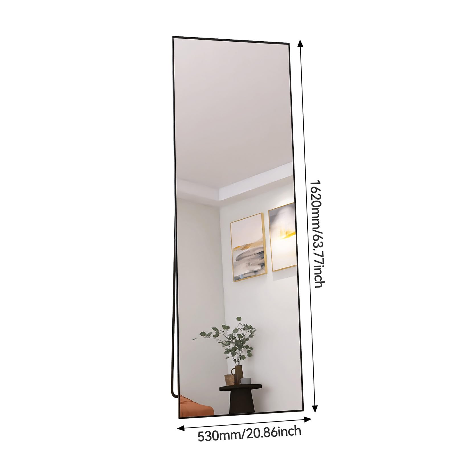 Lustro podłogowe o pełnej długości, lustro stojące 162 x 53 cm, pełne lustro ścienne z aluminiową ramą, duże łukowe lustro do sypialni, łazienki, salonu (czarne, 162x53 cm/prostokątne)