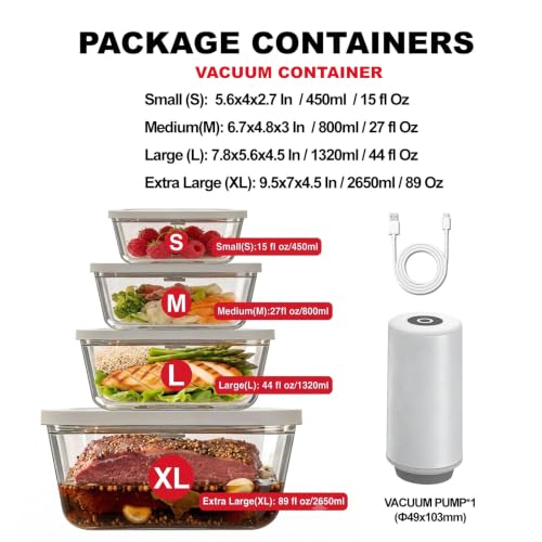 Image of Smart Vacuum Sealer Machine with 4 Borosilicate Glass Vacuum Containers (15 /27 /47 /89 Oz), Compact Handheld Food Sealer, Powerful Suction & Auto-Stop Electric Pump for Meal Prep, Kitchen Saver