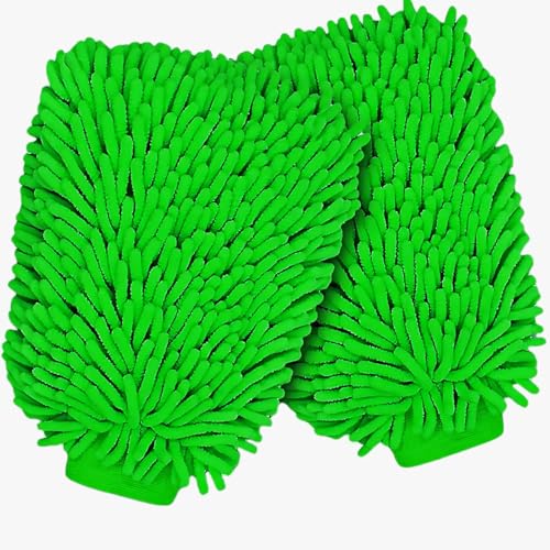 Image of Btag Double Sided Microfibre Wash Mitt Cleaning Gloves (2 Pcs, 2400 GSM, Size 26 X 19 Cm, Extra Large, Super Absorbent, Big Chenille Mitt Glove) (Green)