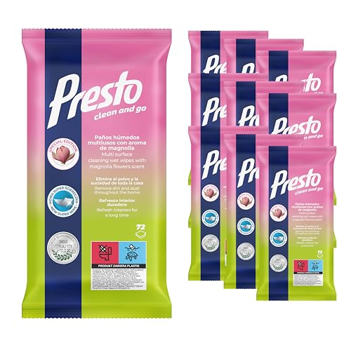 Presto Toallitas de limpieza universales Magnolia - Para superficies lisas - Limpieza rápida y eficaz - Muebles, terracota, paneles, azulejos - Aroma floral - 864 uds. - 12x72