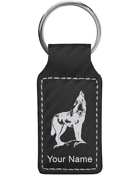 LaserGram Rectangle Keychain, Howling Wolf, Personalized Engraving Included (Carbon Fiber Black with Silver)