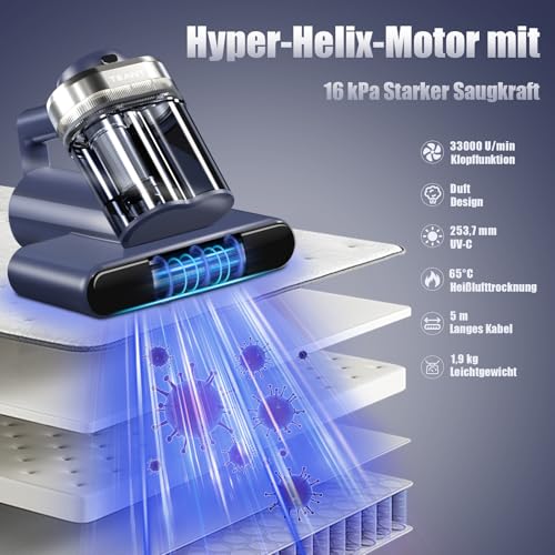 Teant Milbensauger für Matratzen mit UV Licht, 16kPa Matratzensauger mit LED Display, 65℃ Heißluft & HEPA, Ultraschall, Aromatherapie, Dual-Cup Matratzenreiniger für Bett/Teppich/Sofa/Tier/Allergiker