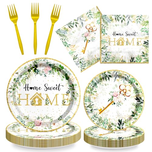 BKAILZYX 96PCS House Warming Party Decorations Home Sweet Home Tableware Set Rustic Floral Paper Plates Napkins Dinnerware Dessertware Forks Serves 24