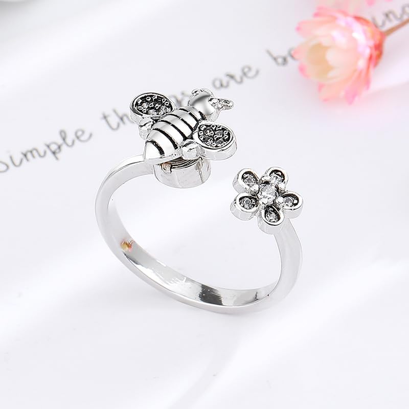 Bague de fiançailles en argent avec fleur et abeille pour un cadeau unique