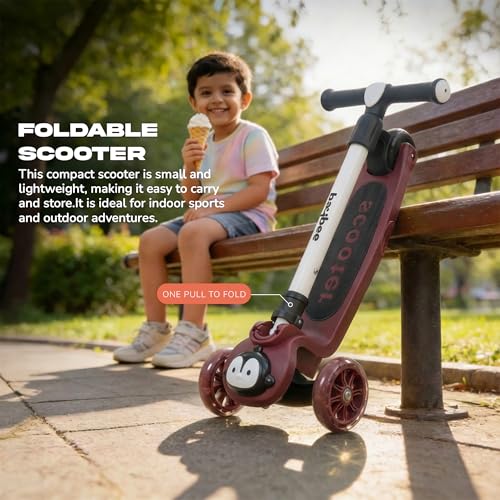 Image of Baybee Frosto Kick Scooter for Kids | Foldable Kids Scooter with 3 Height Adjustment Handle & LED Wheels | Runner Scooters with Foot Brake | Skate Scooters for Kid 2 to 10 Years Boys Girls (RED /BLACK)