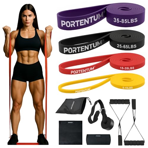 PORTENTUM Gomas elasticas musculacion Set de 10 – Bandas de Resistencia 4 Niveles Intensidad – Asas, Anclaje Puerta, Fundas y Bolsa – Gimnasio en casa Hombres y Mujeres – Fuerza Fitness Crossfit Yoga