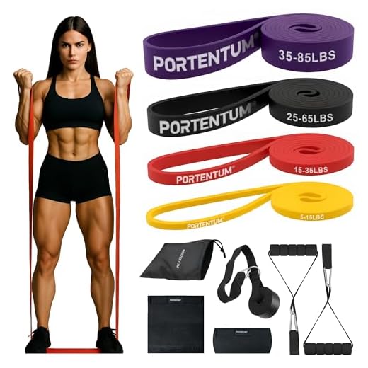 PORTENTUM Gomas elasticas musculacion Set de 10 – Bandas de Resistencia 4 Niveles Intensidad – Asas, Anclaje Puerta, Fundas y Bolsa – Gimnasio en casa Hombres y Mujeres – Fuerza Fitness Crossfit Yoga