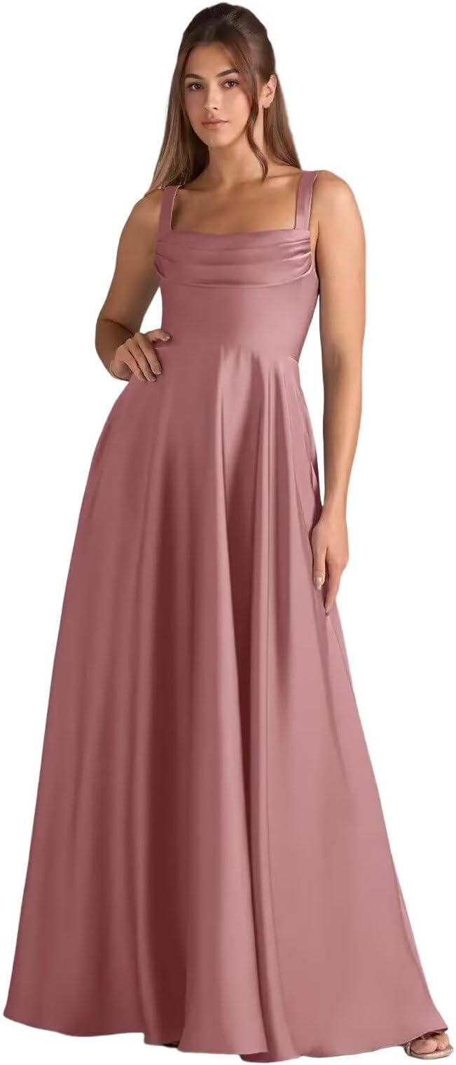 Women's Spaghetti Straps Satin Bridesmaid Dresses Pleated A-Line Prom Dresses Long Formal Evening Gowns with Pockets