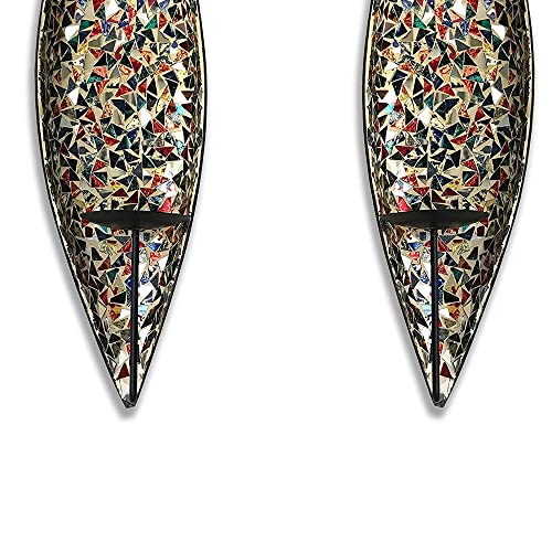 Decorshore Bella Palacio” Glass Mosaic & Metal Wall Mounted Decorative Candle Holder Wall Sconce, Set Of 2, Large Size 18 In. Light Weight Wall Decor (Gemstone Rainbow) #TOP4