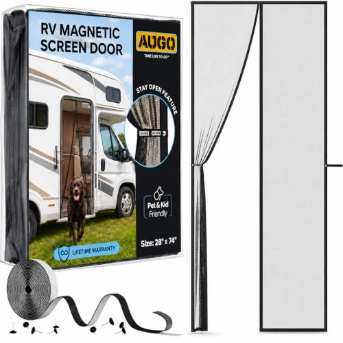AUGO RV Screen Door with Magnetic Closure Self Sealing Heavy Duty Mesh Camper Screen Door Bug Free Pet and Kid Friendly Hands Free with Stay Open Feature for trailers Motorhomes 28x74 Inches