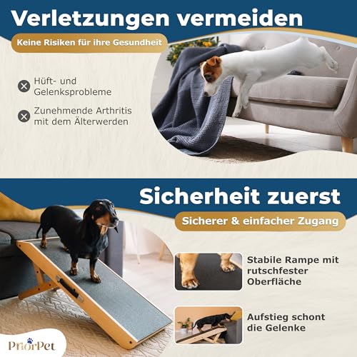 Hunderampe - Hundetreppe für kleine Hunde und große Hunde - Einstellbar 18-53 cm - Für Bett Sofa - Birkenholz - Landeplattform schließt nahtlos an - Rampe Hund Klappbar - Anti-rutsch Einsatz Naturel