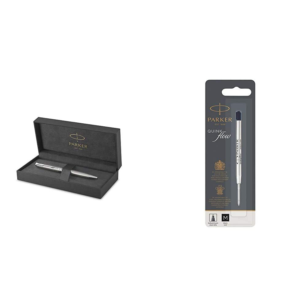 PARKER Sonnet Penna A Sfera, Acciaio Inossidabile Con Finiture In Palladio, Pennino Medio, Confezione Regalo & Quinkflow Ricarica Per Penna A Sfera, Punta Media, Nero