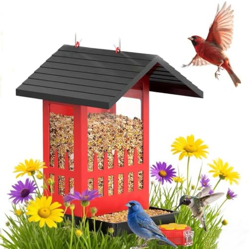 Metal Bird Feeder for Outdoors Hanging, Metal Wild Bird Seed Feeder with 2-in-1 Hummingbird Feeder, 3.4L Large Capacity Wild Bird Feeders for Outside Finch, Cardinal, Blue Jay