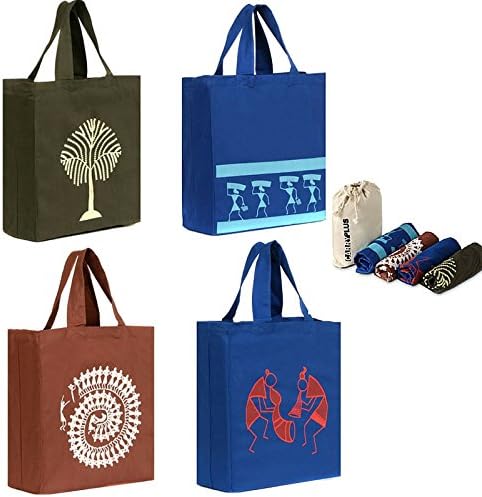 Large COTTON CANVAS Reusable shopping/grocery Bags - Figurine Series(4 Bags) from CARRYPLUS …