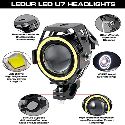 Ledur Motorcycle Headlight U7 Drl Fog Lights Driving Running Light With Angel Eyes Lights Ring Front Spotlight Strobe Flashing White Light And Switch(2Pcs,White Halo) #TOP1