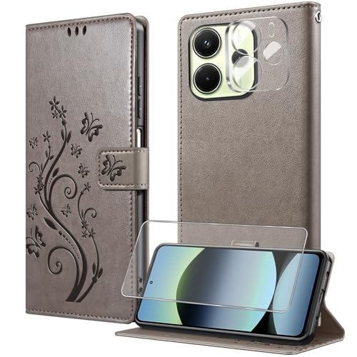 MQERYBV Funda para Xiaomi Redmi Note 14 4G,Protector Pantalla y 1 Protector Lente Cámara,Carcasa Libro con Tapa Piel Cuero PU de Calidad Soporte Plegable Ranuras para Tarjetas Magnético Case - Gris