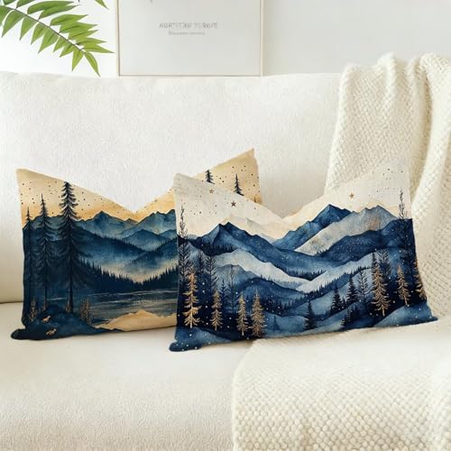 Fundas de Cojín 50x70 cm Juego de 2, Azul Cojines Exterior Jardin Decorativas Impermeables Exterior Estilo Lino Diseño de Funda Cojin, para Sofá Terraza Jardín Salón Dormitorio Regalos, Montaña D-2019