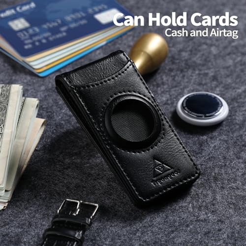Image of Slim Magnetic Money Clip Wallet for Men with Airtag Holder & Elastic Band,Leather Card & Cash Holder for Men (Black)