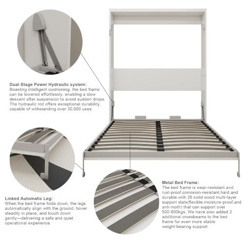 Image of KEIKI Queen Size Vertical Cabinet Murphy Bed with Solid Slats, White