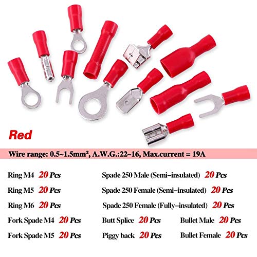 Davitu Terminals - 540Pcs 22-16/16-14/12-10 Gauge Mixed Quick Disconnect Electrical Insulated Butt Spade Fork Ring Solderless Crimp Terminal - (Color: Red)