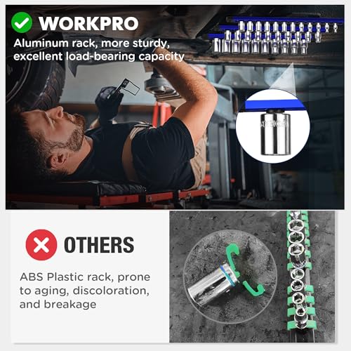 Image of WORKPRO Magnetic Socket Organizer - 6-Piece Aluminum Alloy Socket Rail, Heavy Duty Socket Holder - Set: 1 /4-Inch x 12 Clips, 3 /8-Inch x 10 Clips, 1 /2-Inch x 10 Clips