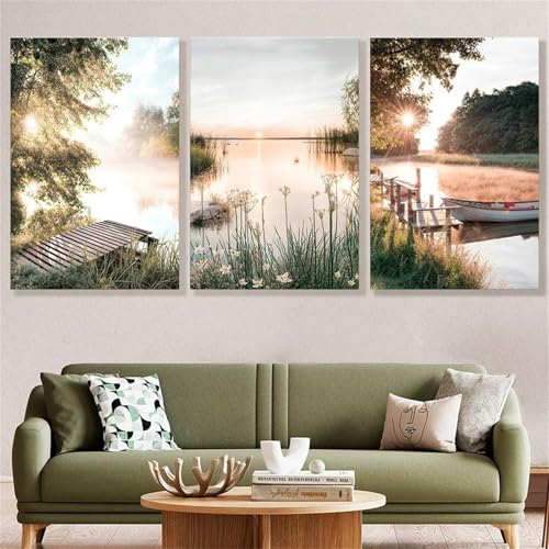 Poster nature lot de 3 affiches vert moderne paysage lac et fleur pour salon chambre 50x70cm
