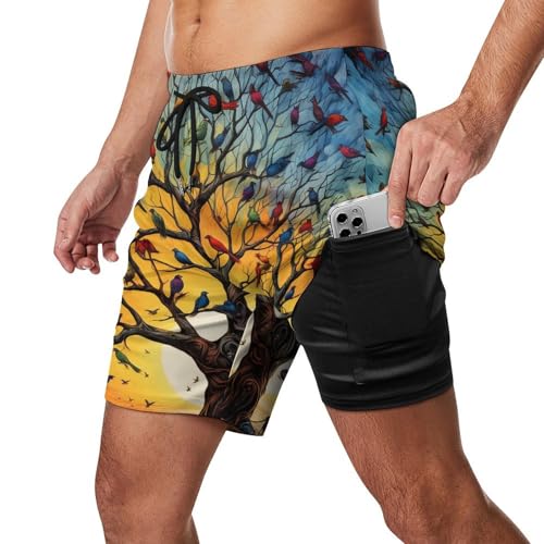 Tree Birds Life Men's Swim Trunks with Compression Liner Summer Bathing Suit Beach Shorts with Pockets2